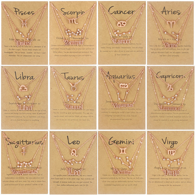 3er-Set Sternzeichen-Ketten mit Kristall und altenglischen Buchstaben